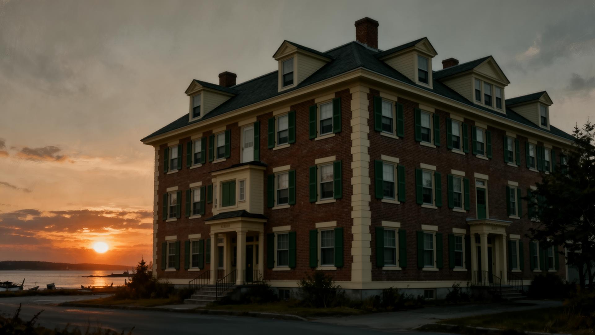 Classic New England multifamily architecture at dusk
